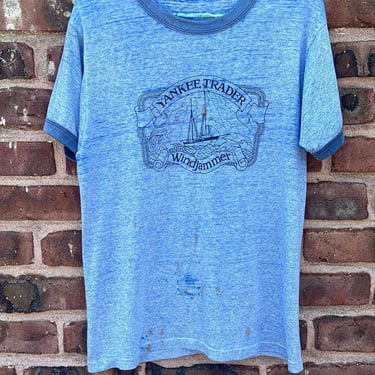 Vintage 70s 80s Windjammer Barefoot Cruise Tee Heather Blue Ringer Medium Distressed by TimeBa