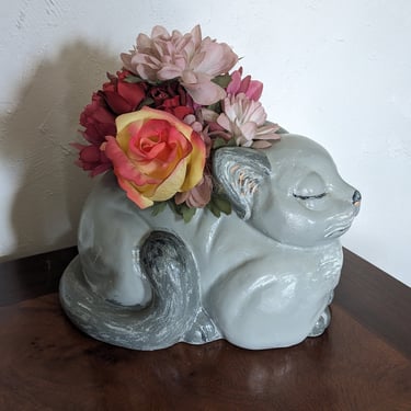 Vintage Ceramic Grey Cat Planter 