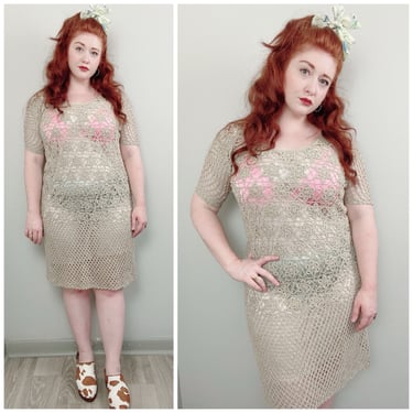 1990s Vintage Cotton J.M. Pink Hand Crochet Dress  / 90s / Nineties Brown Taupe Bohemian Sheer Dress With Slip / Size Small / Medium 