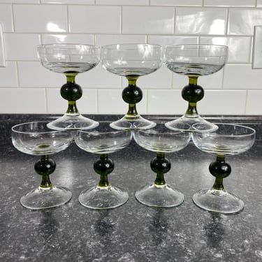 Vintage Hand blown Champagne Coupe set of 8, Retro Green Ball Stems, Handcrafted Vintage Glassware, MCM Martini Glass, Vintage Bar Decor 