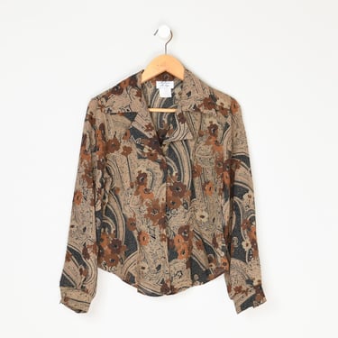 Vintage 70s Dark Tan & Black Paisley Floral Button-Up Top - seventies, collared shirt, blouse, flowers - Women's S 