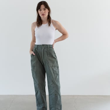 Vintage 28 29 Waist Olive Green Army Pants | Unisex Utility Fatigues Military Trouser | Zipper Fly | F496 