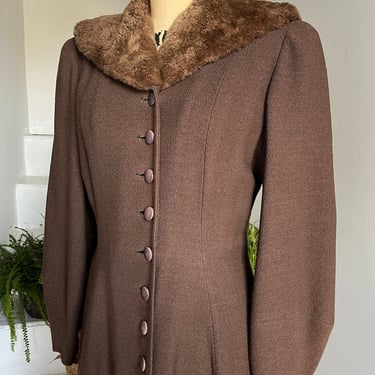 Deluxe Hazelnut Brown Wool Princess Coat Mouton Collar Beautiful Details 38 Bust Vintage 