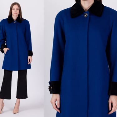 80s Alorna Royal Blue Velvet Trim Coat Medium | Vintage Super Fina Long Button Up Overcoat 