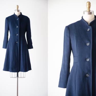 wool princess coat 70s 80s vintage Lorendale navy blue fit and flare wool coat 