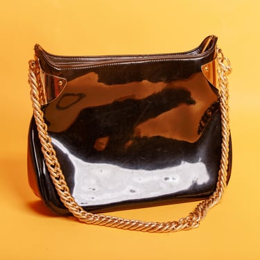 80s Black Patent Shoulder Bag with Gold Chain Strap Vintage Thick Chain Shiny Purse 