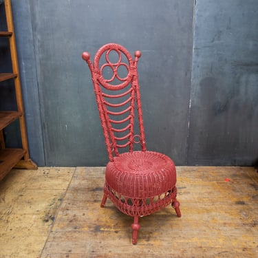 Antique 1900s Victorian Highback Wicker Parlor Chair Red Painted Rattan Woven 