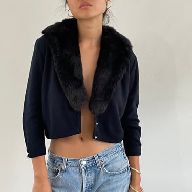 60s fur collar cropped cardigan / vintage black mink fur collar cropped plunging winter cardigan sweater | Medium 