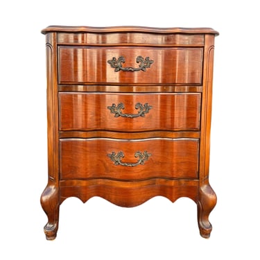 French Provincial Serpentine Nightstand 27” Tall - Vintage Mahogany Wood Louis XV Carved Wood Shabby Chic End Table with 3 Drawers 