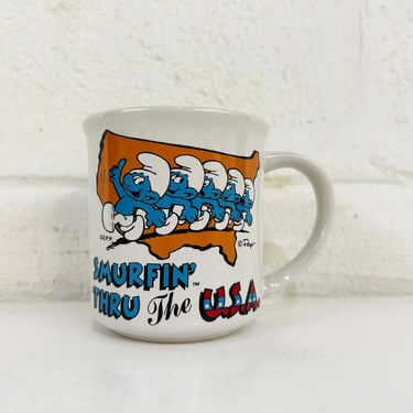 Vintage Smurfs Mug Ceramic Tea Coffee Retro Kitsch Kitchen 1980s 1982 Cartoon Smurf Travels America Smurfin USA 