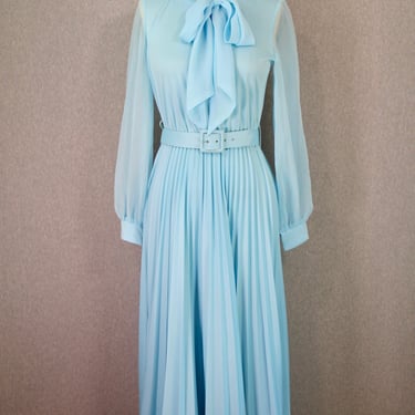 1960s 1970s Baby Blue Hostess Dress - Chiffon Maxi Dress - Pleated Maxi Dress - Hollywood Regency - Cocktail Dress - Formal, Evening Gown 