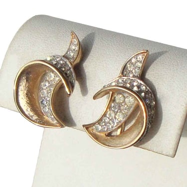 Vintage Trifari Rhinestone Earrings Half Moon Clip Back 