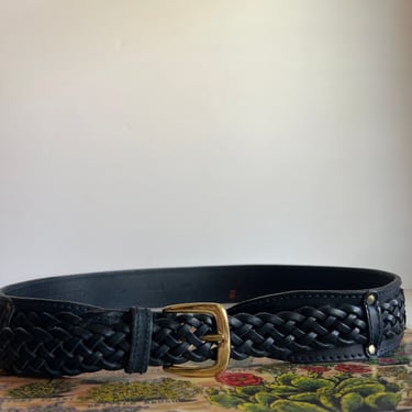 Lands' End 90s Vintage Dark Midnight Blue Black Genuine Leather Wide Woven Wrap Belt - L 