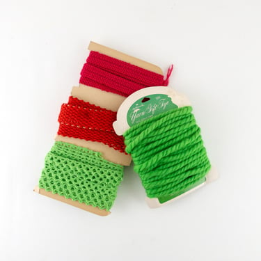 Variety of 4 Vintage Cotton and Thick Yarn Ribbons, Lime Green, Hot Pink, Red & Gold, Christmas Wrapping, Sewing and Craft Supplies 