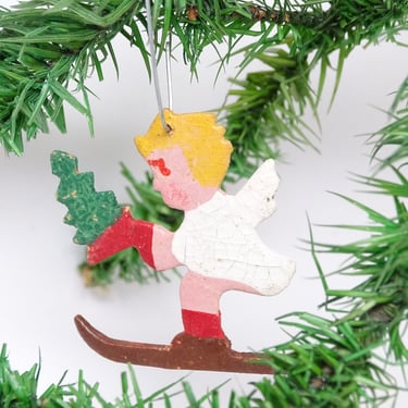 Antique German Angel on Skis holding Christmas Tree, Vintage Hand Painted Ornament Retro Decor 