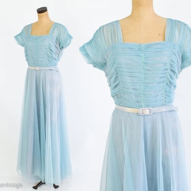 1940s Blue Chiffon Evening Dress | 40s Turquoise Blue Chiffon Party | Extra Large 