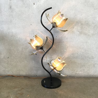 Vintage 1980s Triple Lotus Flower Table Lamp Black Lacquer and Glass