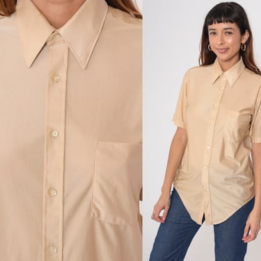 Beige Button Up Shirt 70s Dagger Collar Hippie Boho 1970s Disco Shirt Vintage Top Collared Plain Short Sleeve Shiny Men's 15 Small 