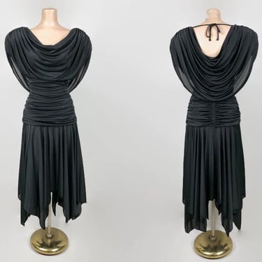 VINTAGE 80s Art-Deco Draped Jersey Party Dress by Filigree | 1980s Dramatic Ruched Handkerchief Hem Cocktail Dress | Sz 8 VFG 