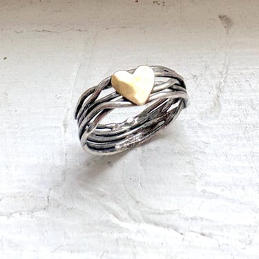 Heart Nest Ring Handmade in Sterling Silver with Gold Plated Brass Heart 