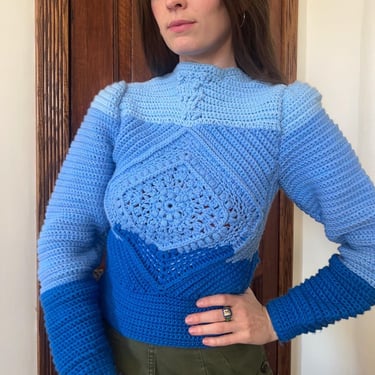 80’s vintage blue granny square homemade wool puff sleeve sweater 