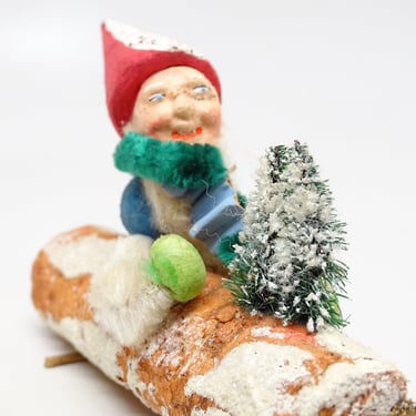 Vintage German Santa on Log with Faux Christmas Trees, Hand Painted Face 