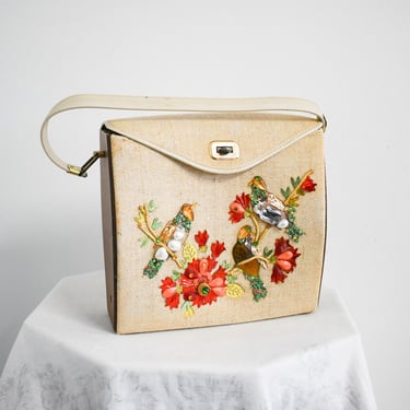 1960s Canvas and Wood Purse with Bird Embellished Design 