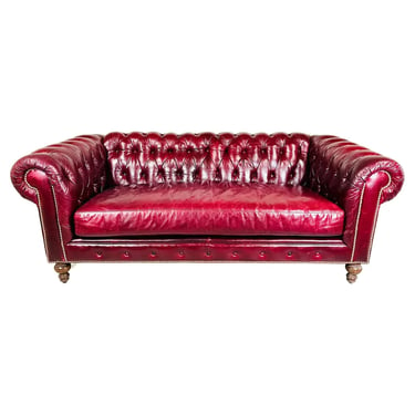 English Style Chesterfield Cordovan Oxblood Tufted Leather Sofa 