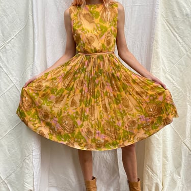 1960s Silk Dress / Vintage Sixties Cocktail Dress / Floral Yellow Silk Chiffon Overlay Garden Party Dress / Sexy Date Night Dress 