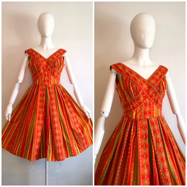 Vintage 1950's Orange Floral Summer Dress 50's Cotton Sundress 