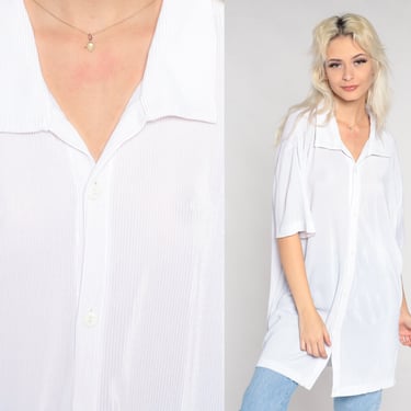 Ribbed White Button Up Shirt Y2K Semi-Sheer Short Sleeve Collared Top Retro Basic Simple Plain Minimalist Summer Simple Vintage 00s Mens XL 