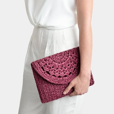 Crochet Raffia Clutch Bag, Crochet Lace Clutch, Straw Summer Bag, Raffia Clutch Handbag, Plum Red Crochet Summer Bag, Crochet Straw Clutch 