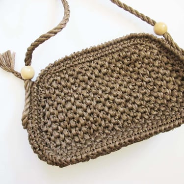 Vintage Woven Straw Raffia Crossbody Purse - 60s Small Brown Zip Top Bag - Natural Fiber - Earth Tone 