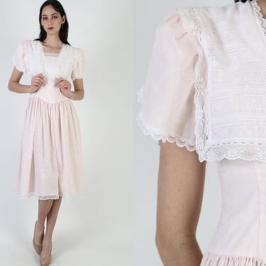 80s Light Pink Gunne Sax Dress / 1980s Romantic White Floral Lace / Elegant Deco Wide Collar Lawn Gown 