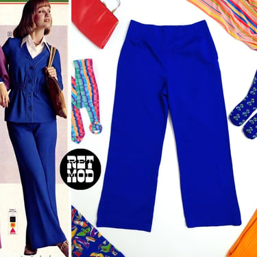 Retro Vintage 60s 70s Royal Blue Polyester Pants with Side Zip 