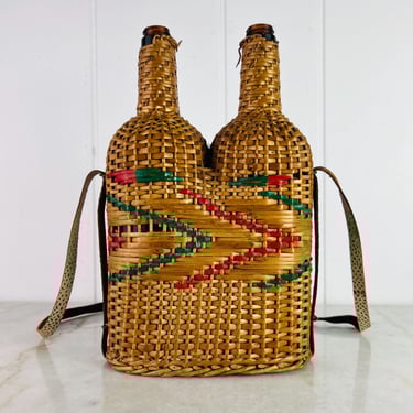 Vintage 1940s Wicker Wine Double Bottle Carrier, Brown Bottles, Double bottle holder, bohemian decor, vintage rustic home decor, gift 