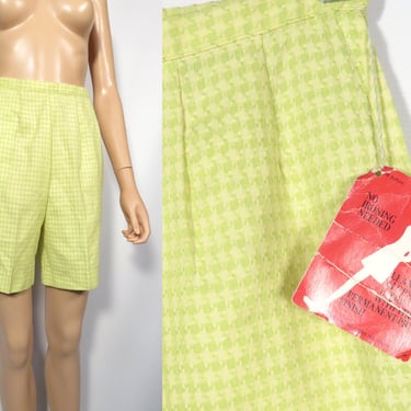 Vintage 60s Deadstock Key Lime Houndstooth Cotton Blend High Waist Side Zip Shorts Size 25.5 Waist 