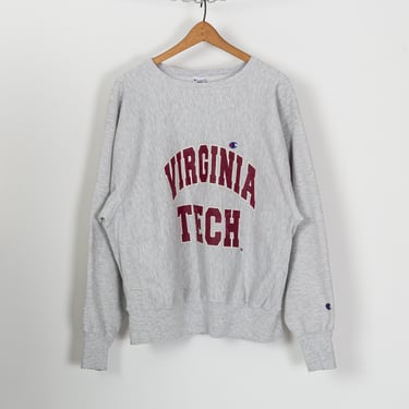 90s Virginia Tech Champion Reverse Weave Sweatshirt - Men's Large, Women's XL | Vintage University Crew Neck Heather Grey Pullover 