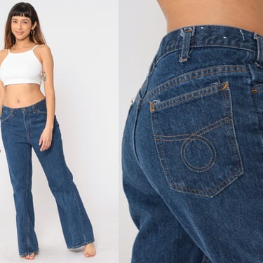 80s Flared Jeans Dark Wash Blue Bootcut Jeans High Waisted Rise Retro Denim Flares Pants Basic Vintage 1980s Medium 33 