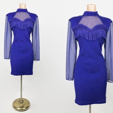Vintage 80s Bold Purple Sweetheart Illusion Fringe Party Dress by Hearts | 1980s Western Sheer Sleeve Body Con Mini Dress | size 11/12 VGF 
