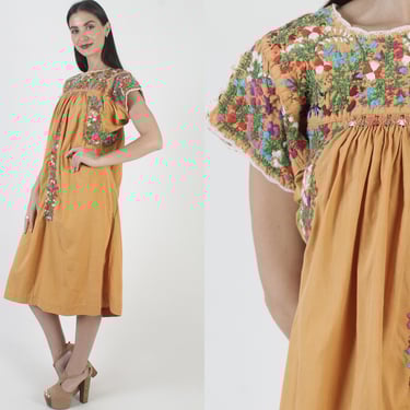 Marigold Oaxacan Dress, Hand Embroidered Mexican Dress, Traditional Ethnic Sundress 