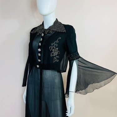 Vtg 30s FOGA Black Silk Chiffon Rhinestone Dagger Collar Maxi Dress w/ Matching Bolero 