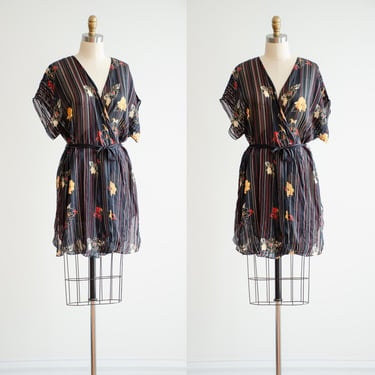 black silk robe 80s 90s vintage sheer floral short robe 