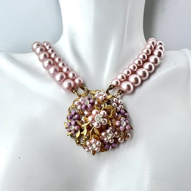 1950s Pink Necklace Filigree Pearls Rhinestones 