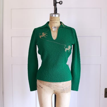 vintage 1940s novelty sweater • green & gold boucle wool knit top • heraldry lion 
