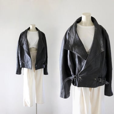 butter leather biker jacket - l - vintage 80s 90s black womens cropped leather coat 