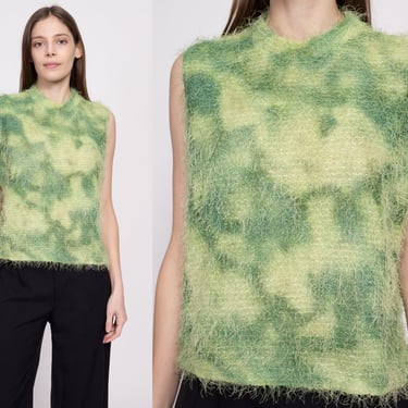 Y2K Green Shaggy Knit Top - Extra Large | Vintage Sleeveless Abstract Camo High Neck Shirt 