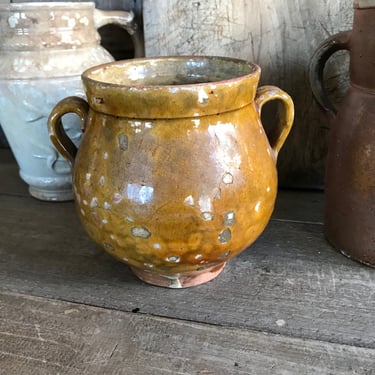 French Ochre Glazed Pottery Pot, Small Confit Jar, Mustard Glaze, French Farmhouse 