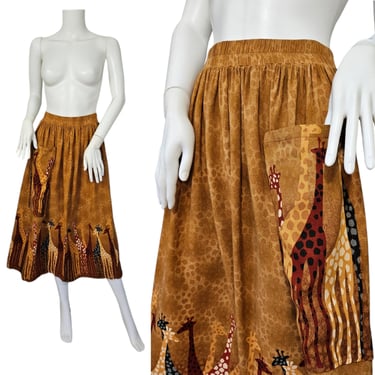 1980's Mustard yellow Giraffe Print Novelty Print Rayon Midi Skirt I Sz Med I Stonebridge 