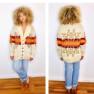 Pendleton Wool Cardigan Sweater // vintage 70s knit boho hippie aztec western southwestern dude alpine white hippy sweater // O/S 